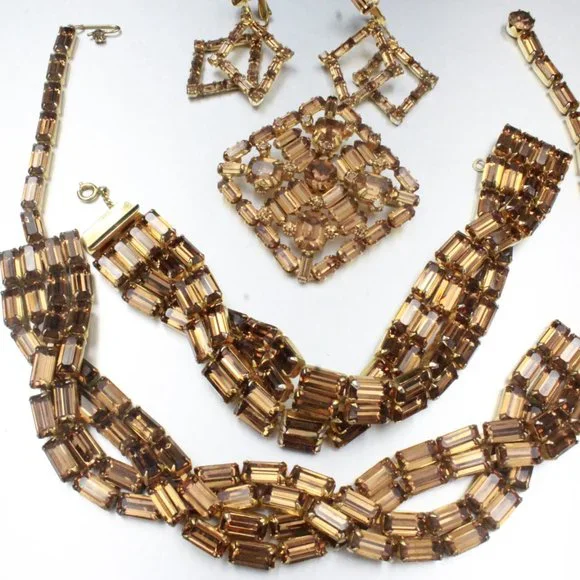 WEISS HIGH END DESIGNER BROWN TOPAZ RHINESTONES EMERALD CUT PARURE SET - Picture 2 of 7